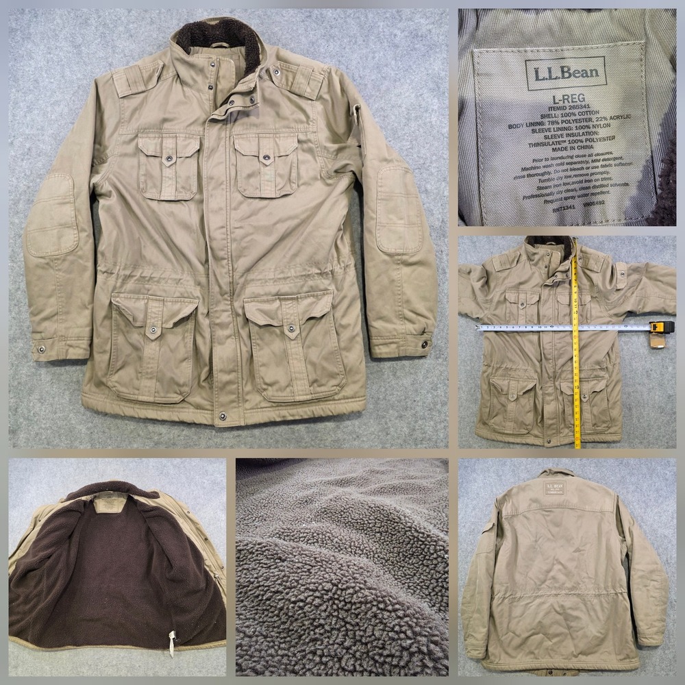 LL Bean Field Issue Coat Mens Large Beige Canvas Thinsulate Fleece Lined Jacket